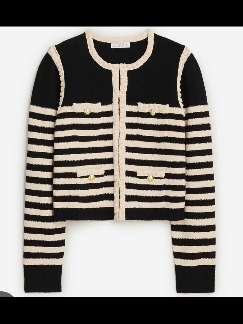 J. Crew Black & Cream Striped Cropped Cardigan with Gold Buttons